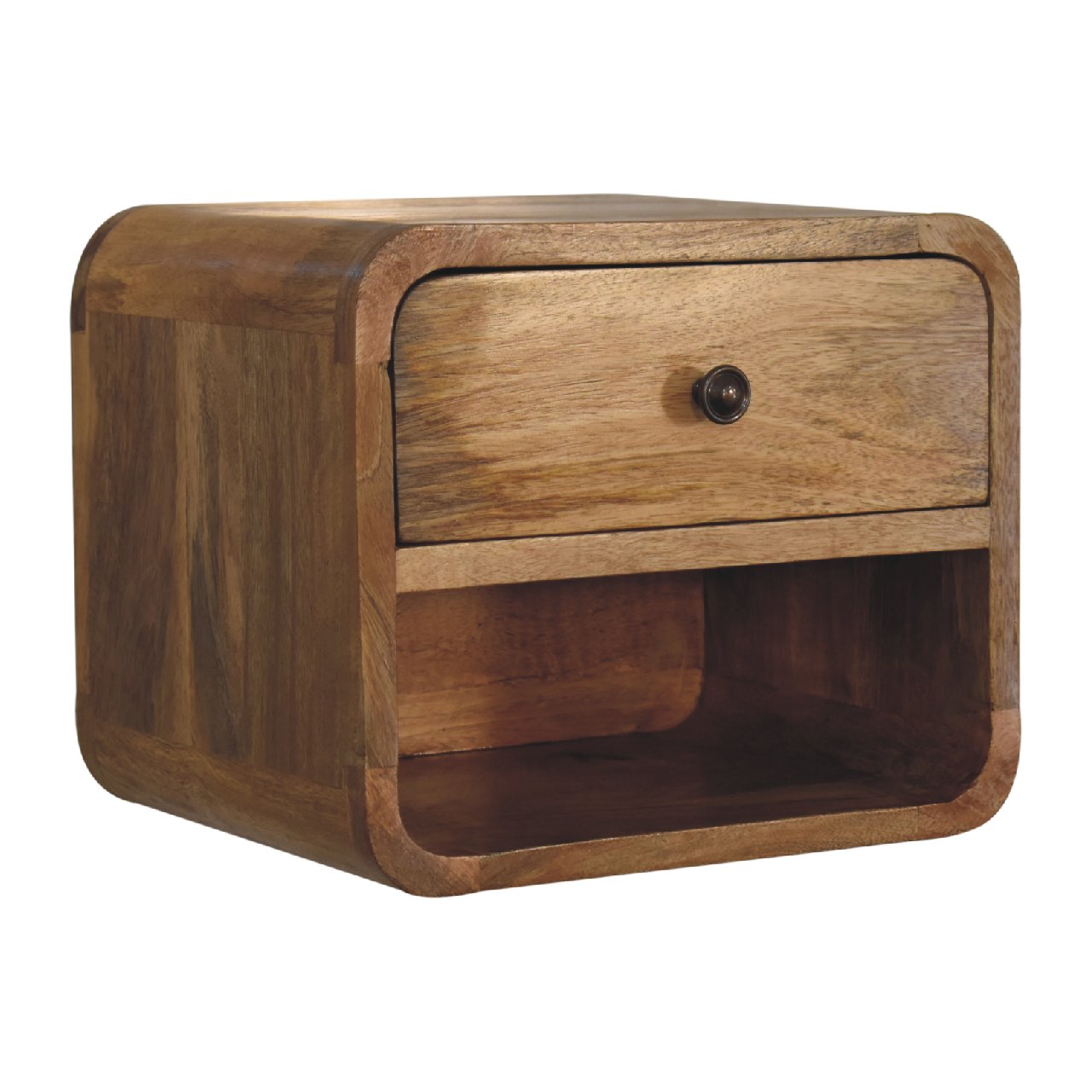 Left side view of Mini Oak Floating Open Bedside in solid mango wood with oak finish