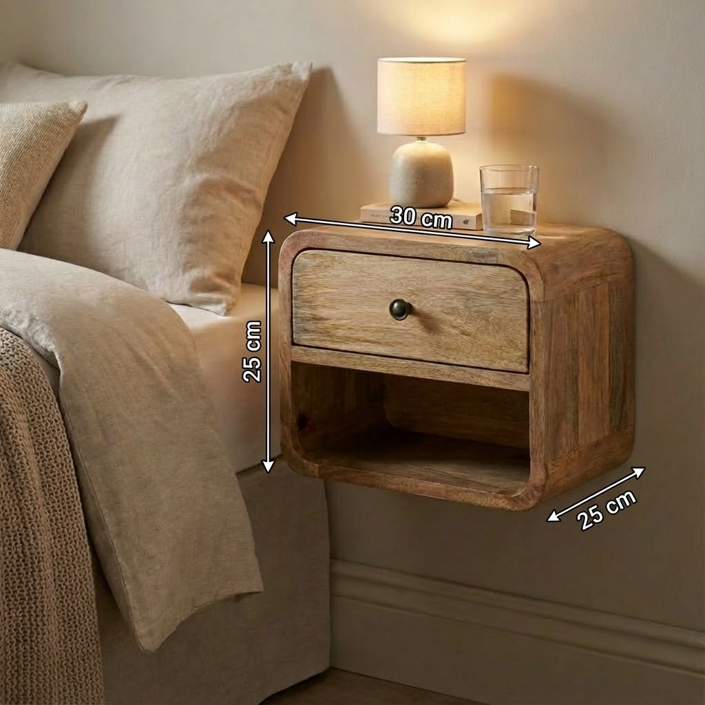 Mini Oak Floating Open Bedside with dimensions: 25 cm height, 30 cm width, 25 cm depth
