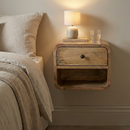 Mini Oak Floating Open Bedside styled in a bedroom wall-mounted setting