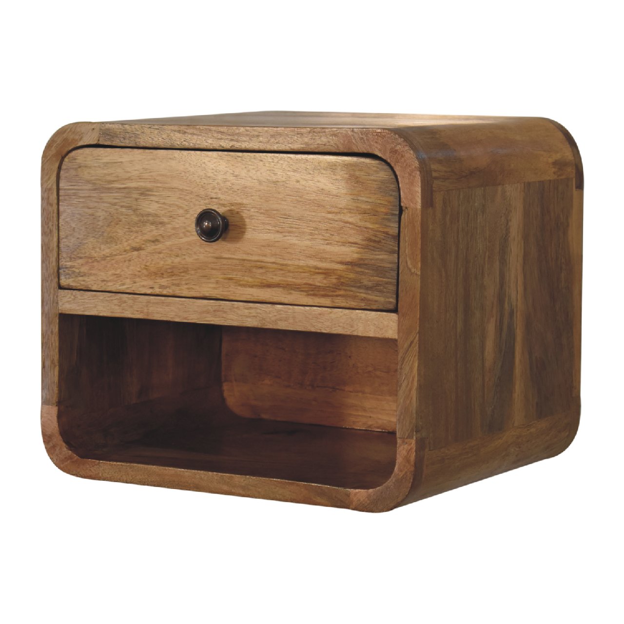 Right side view of Mini Oak Floating Open Bedside showing depth and wall-mounted profile