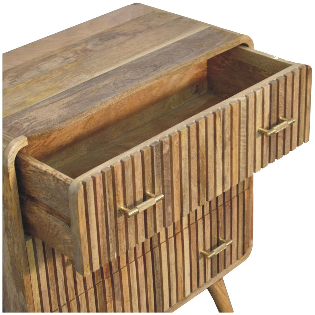 High-angle view showing the top drawer pulled open on a ridged natural oak mango wood chest, revealing the smooth wooden interior.