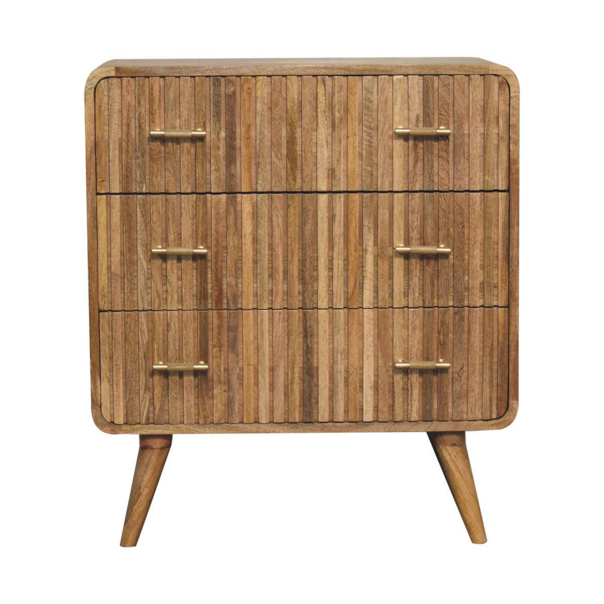 Front view of a three-drawer solid mango wood chest in a natural oak finish, featuring ridged drawer fronts, rounded corners, and brass handles.