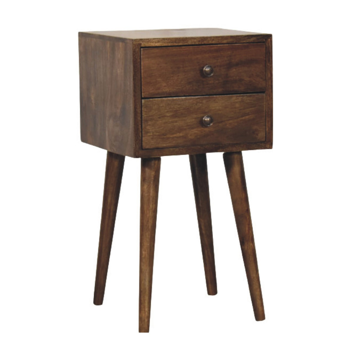 Wooden nightstand with two drawers on a white background