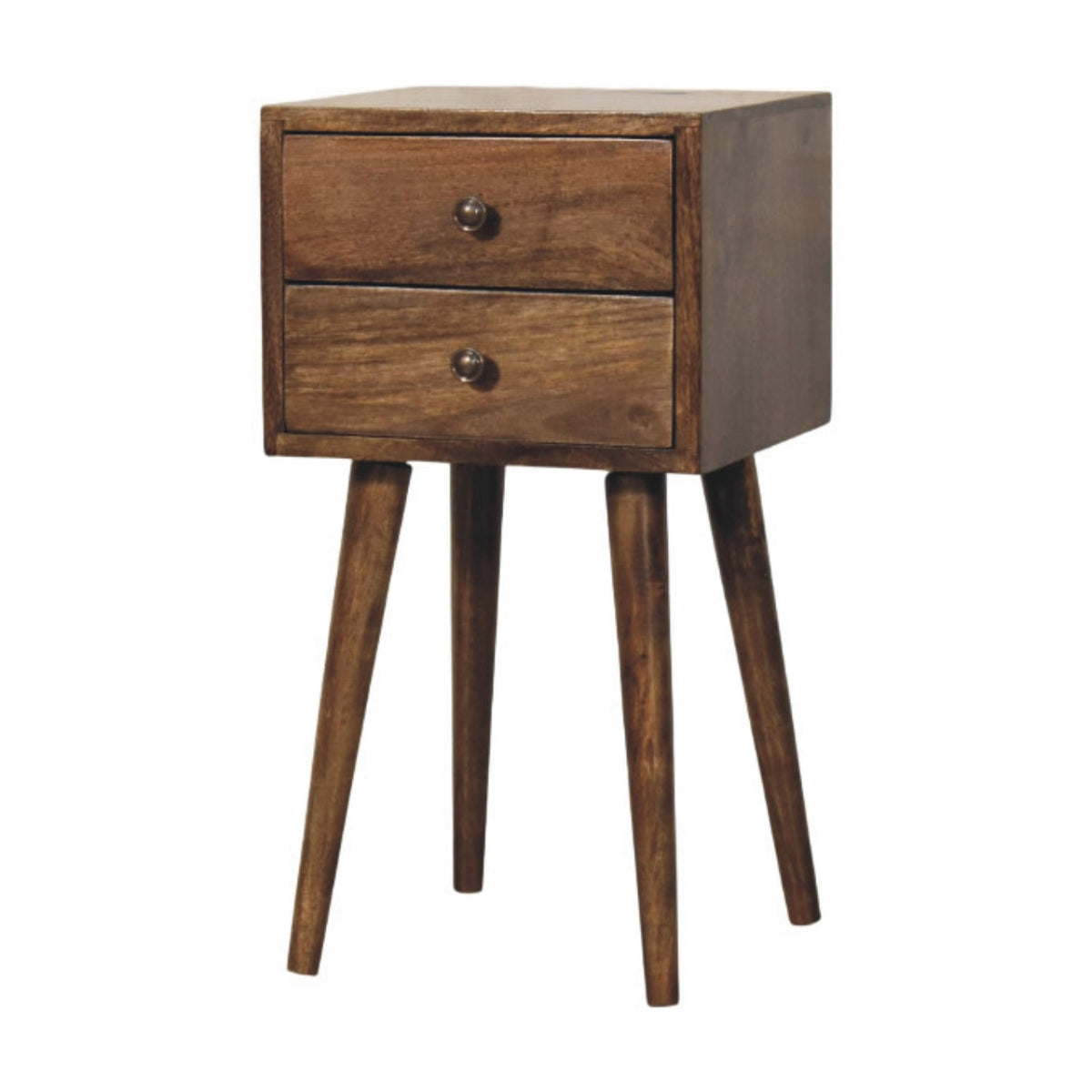 Wooden nightstand with two drawers on a white background