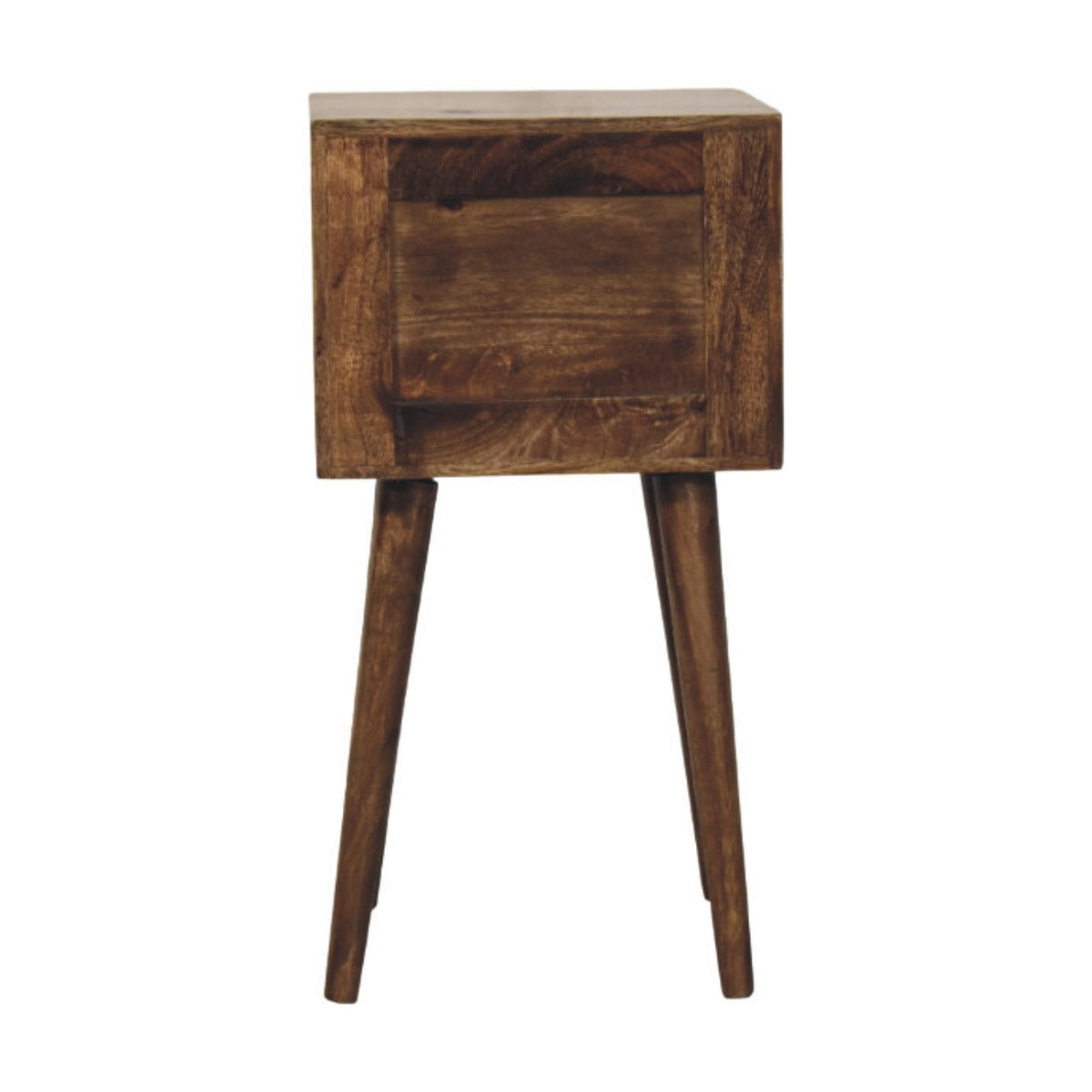 Wooden side table with two drawers on a white background