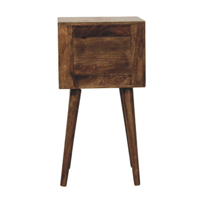Wooden side table with two drawers on a white background