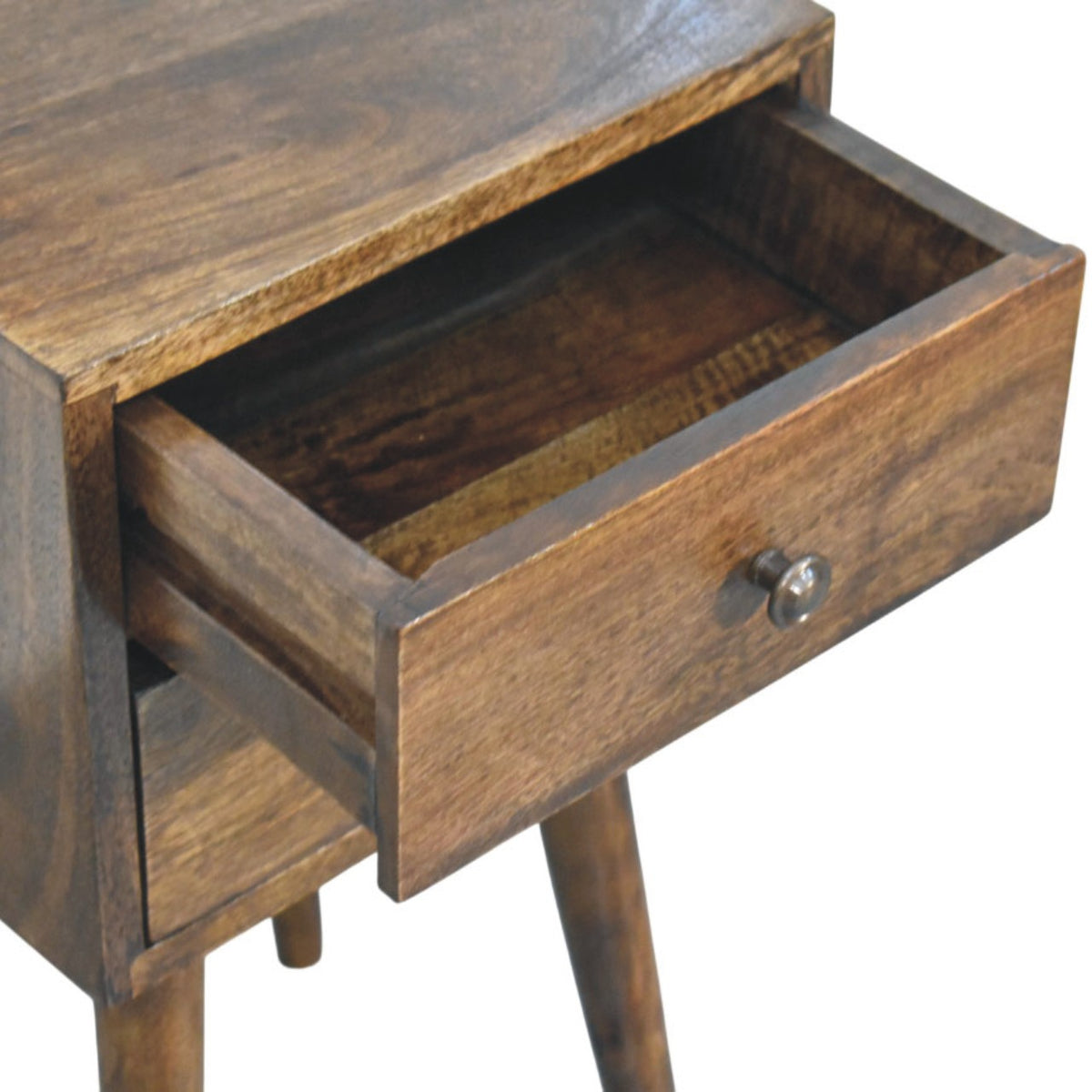 Wooden side table with a drawer on a white background