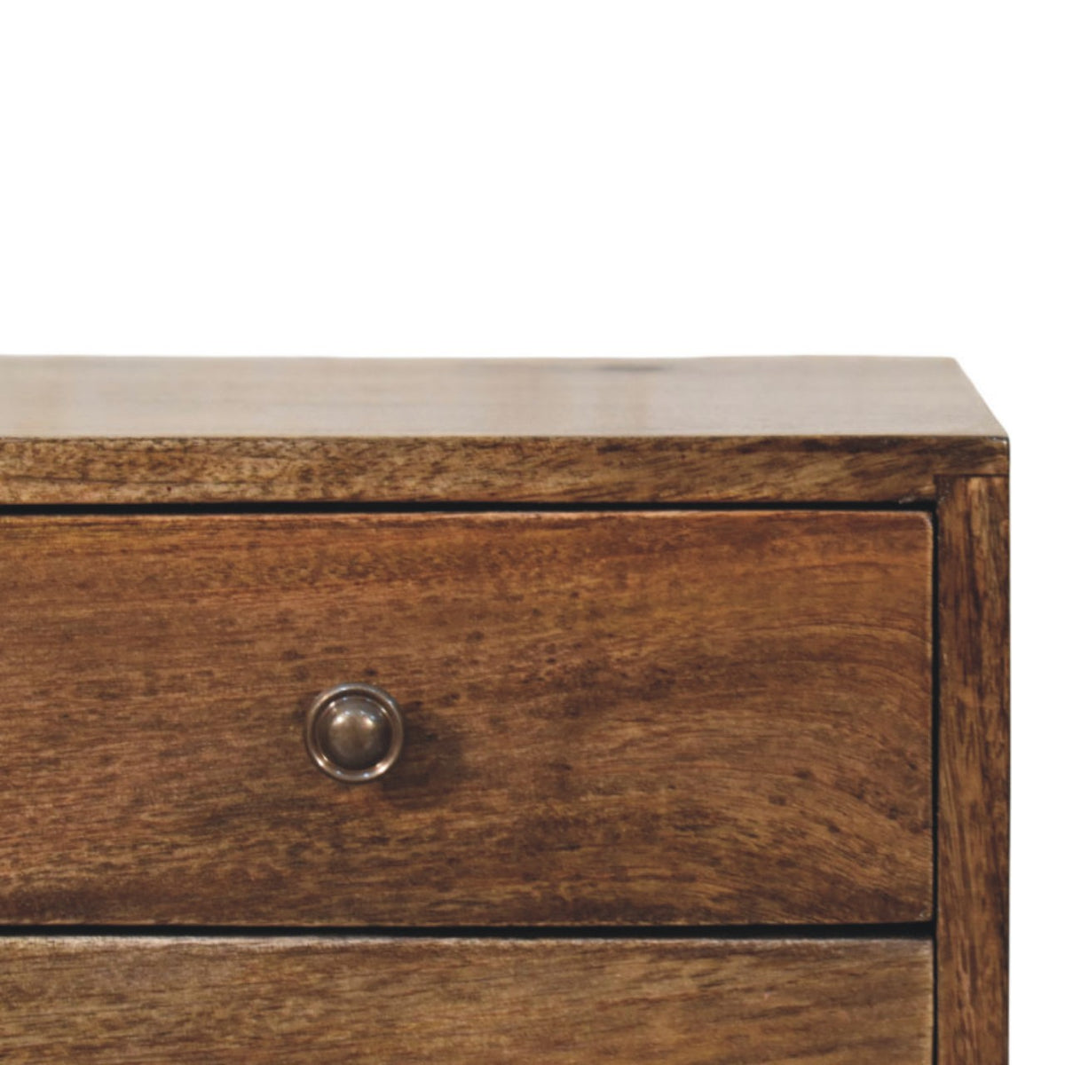Close-up of a wooden nightstand with a knob on a white background