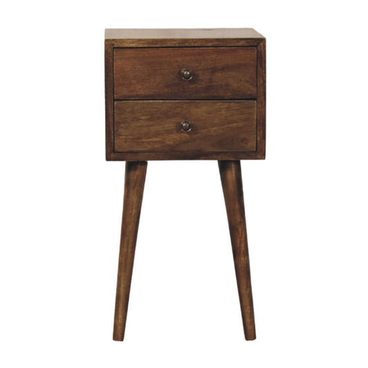 Wooden nightstand with two drawers on a white background