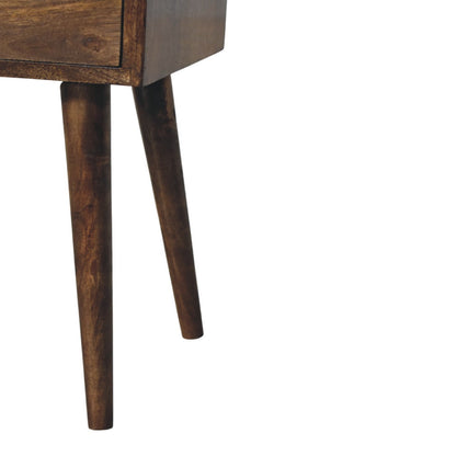 Close-up of a wooden side table and four legs on a white background
