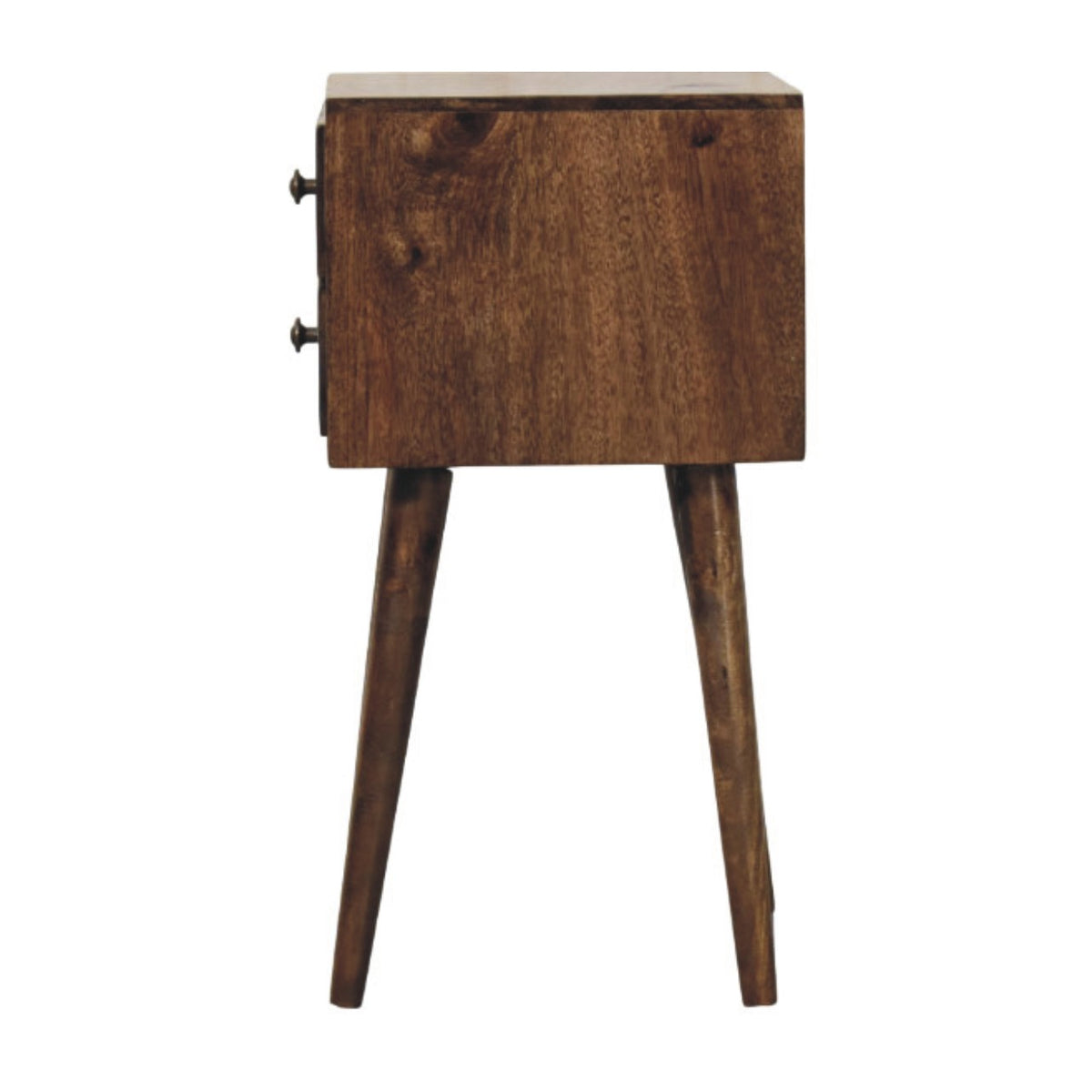 Wooden side table with two drawers on a white background