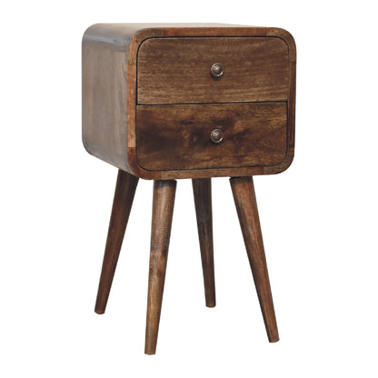 Wooden bedside table with a single drawer on a white background