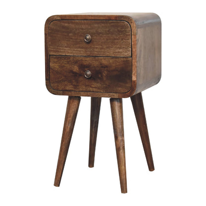 Wooden bedside table with a single drawer on a white background