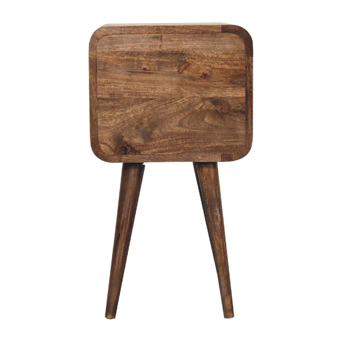 Wooden bedside table with a rustic finish on a white background
