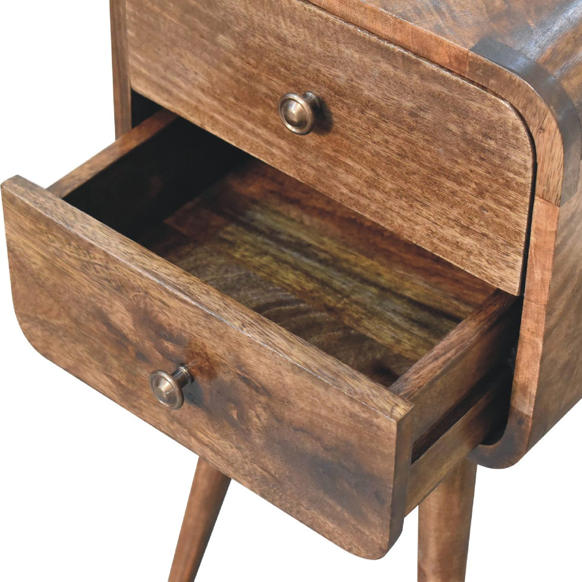 Wooden bedside table with open drawer on a white background