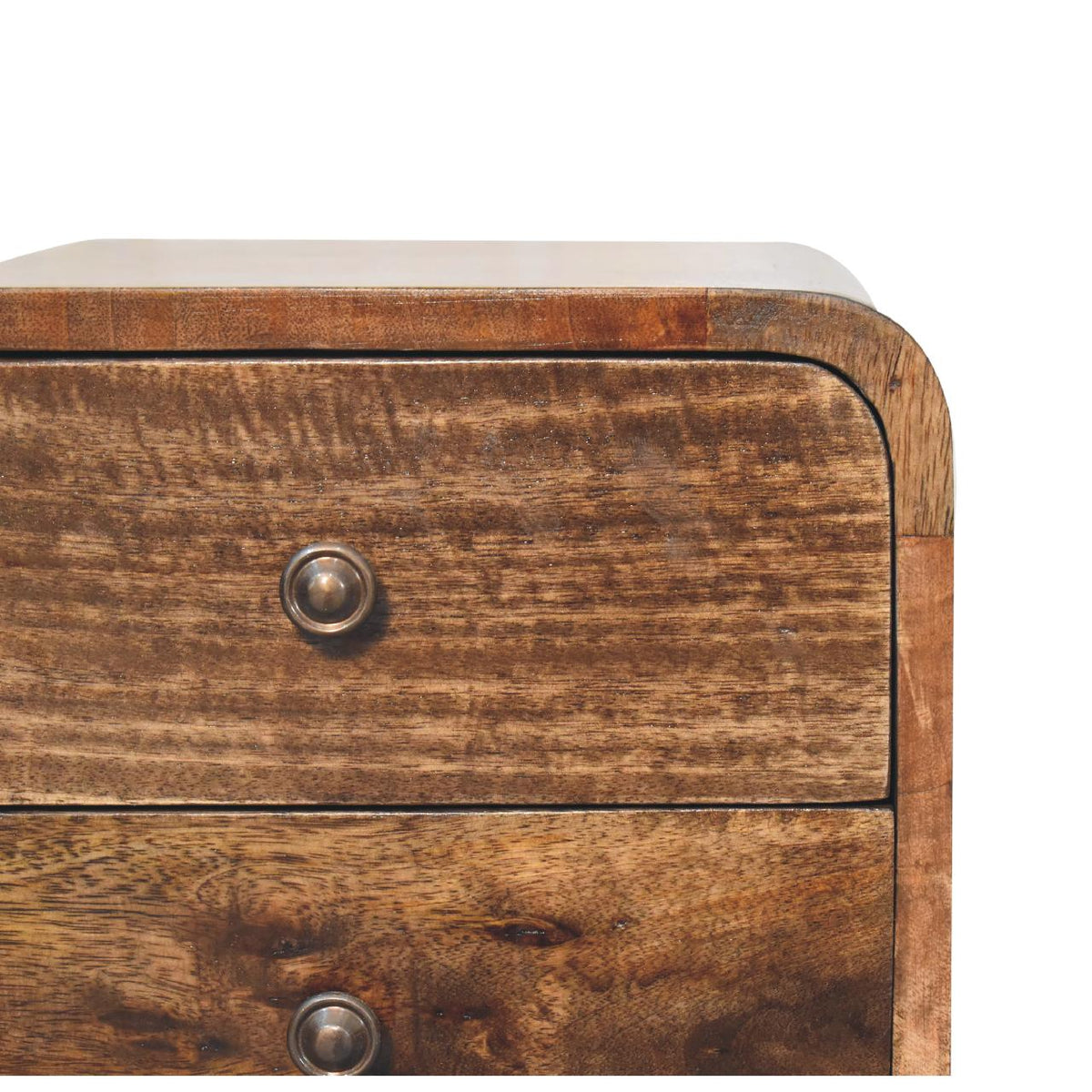 Nordic 2 drawer curved nightstand close-up view showing drawers and knobs