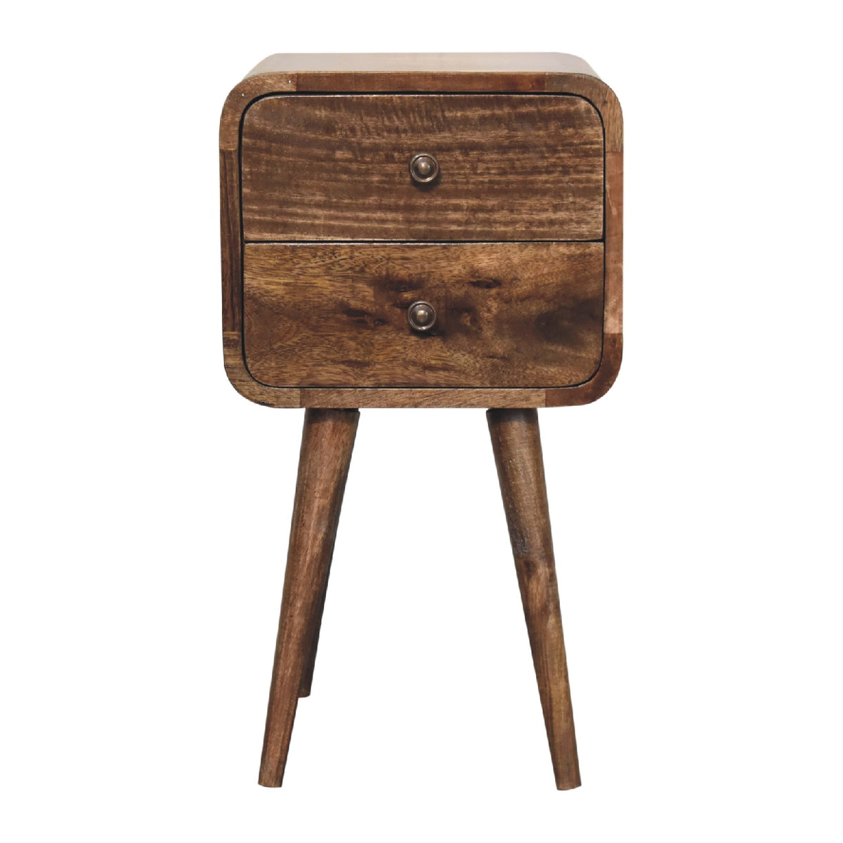 Wooden bedside table with two drawers on a white background