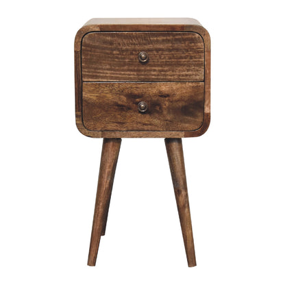 Wooden bedside table with two drawers on a white background