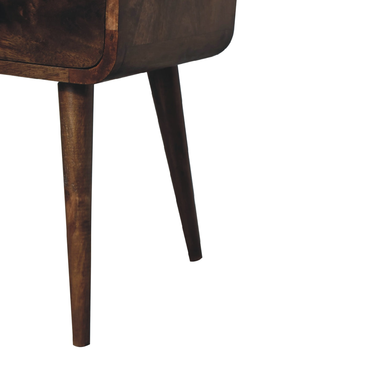 Close-up of legs of a wooden nightstand with a white background