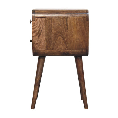 Wooden bedside table with a single drawer on a white background