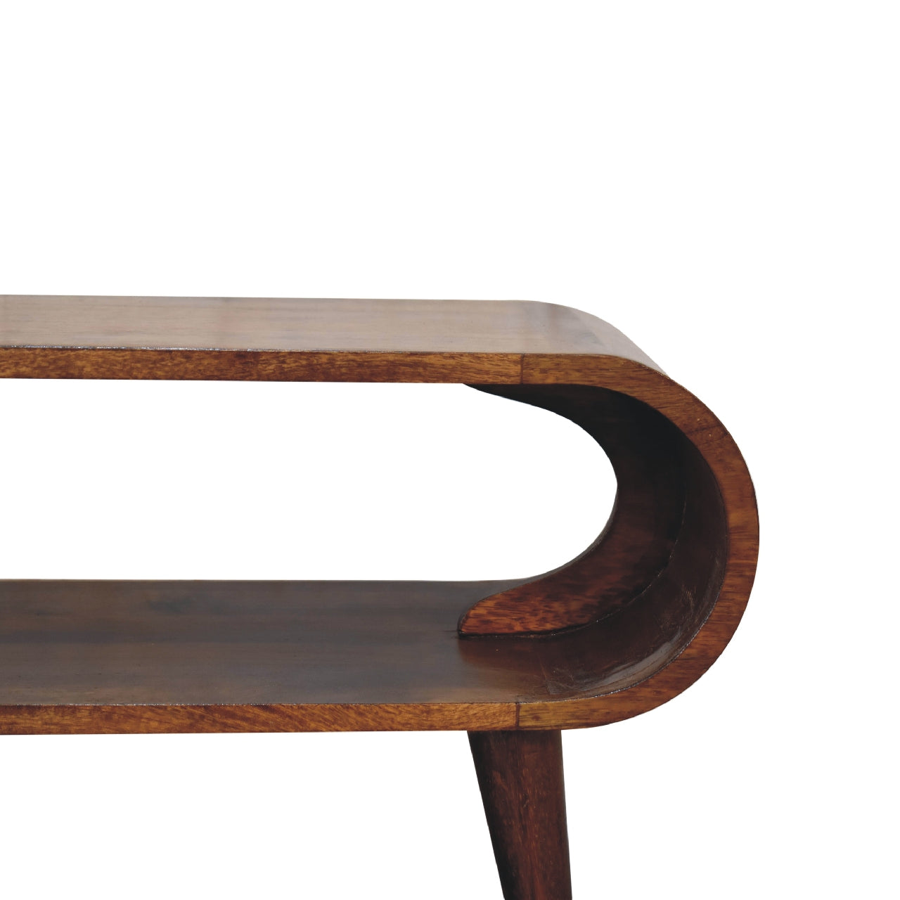 Close front right angle of Nordic Style Coffee Table showing rounded edges and chestnut finish
