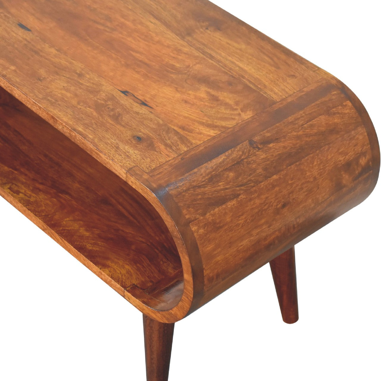 Close upper right angle of Nordic Style Coffee Table showing mango wood grain and chestnut finish