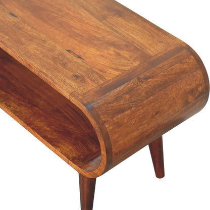 Close upper right angle of Nordic Style Coffee Table showing mango wood grain and chestnut finish