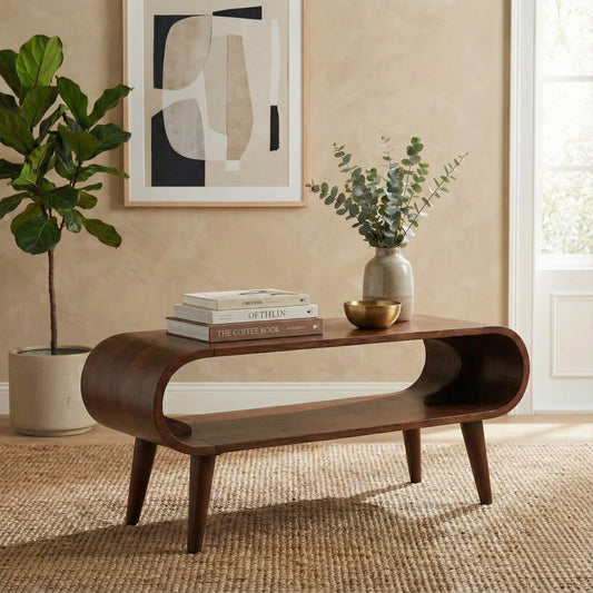 Nordic Style Coffee Table in chestnut finish, styled in a living room interior