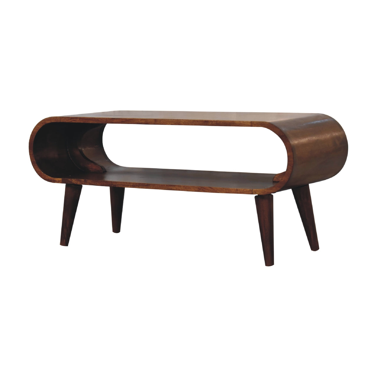 Right side view of Nordic Style Coffee Table in solid mango wood with chestnut finish