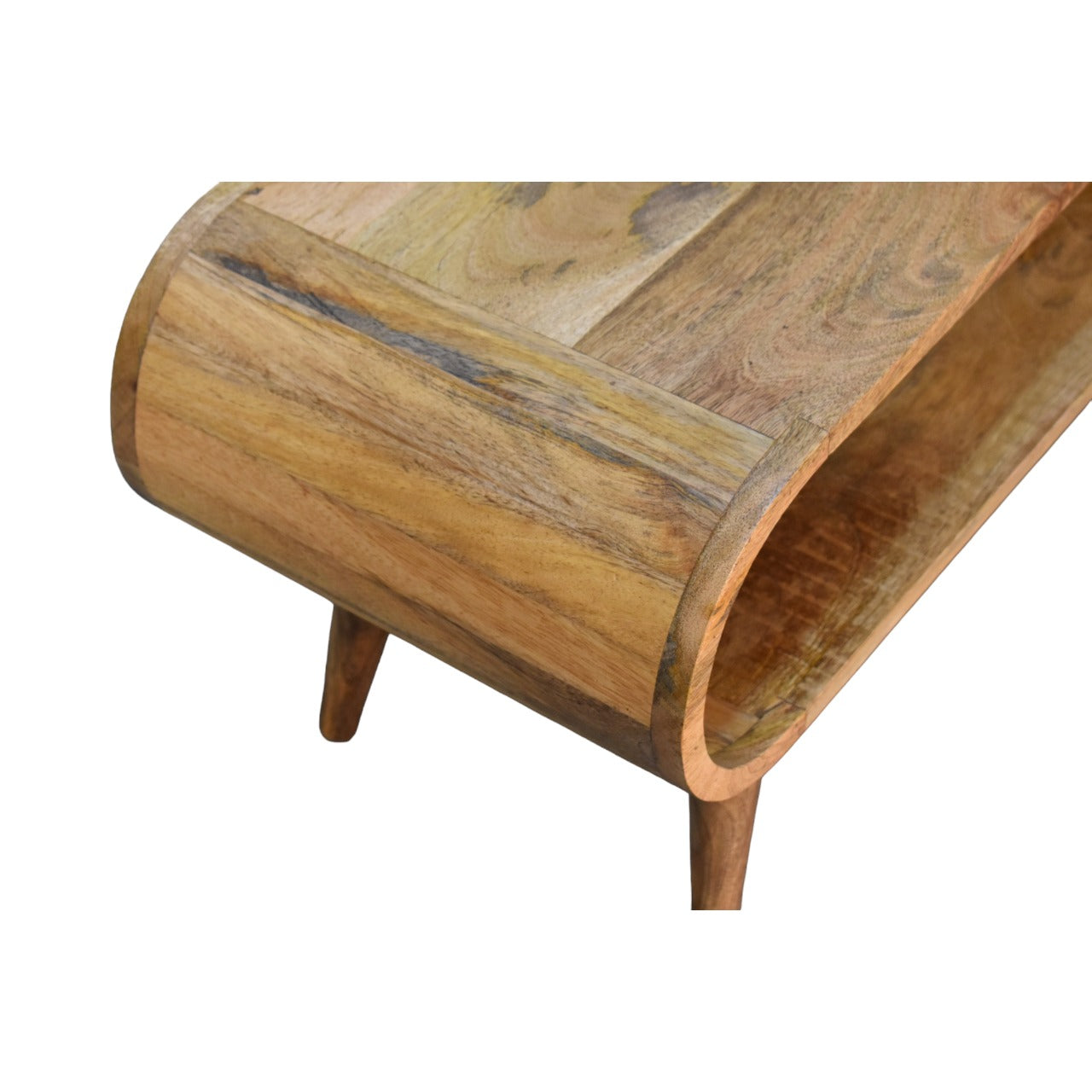 Close upper left angle of Nordic Style Coffee Table showing mango wood grain and oak finish