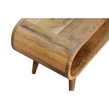 Close upper left angle of Nordic Style Coffee Table showing mango wood grain and oak finish