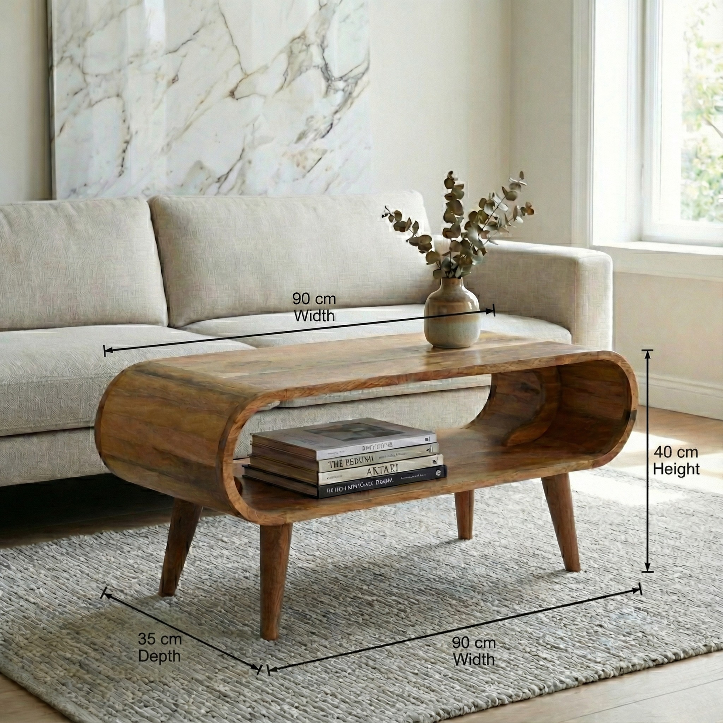 Nordic Style Coffee Table with dimensions: 40 cm height, 90 cm width, 35 cm depth