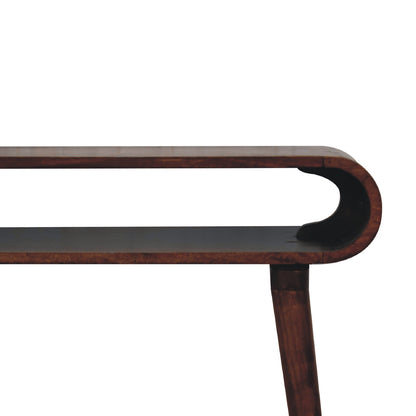 Close front right angle of Nordic Style Console Table showing rounded edges and chestnut finish