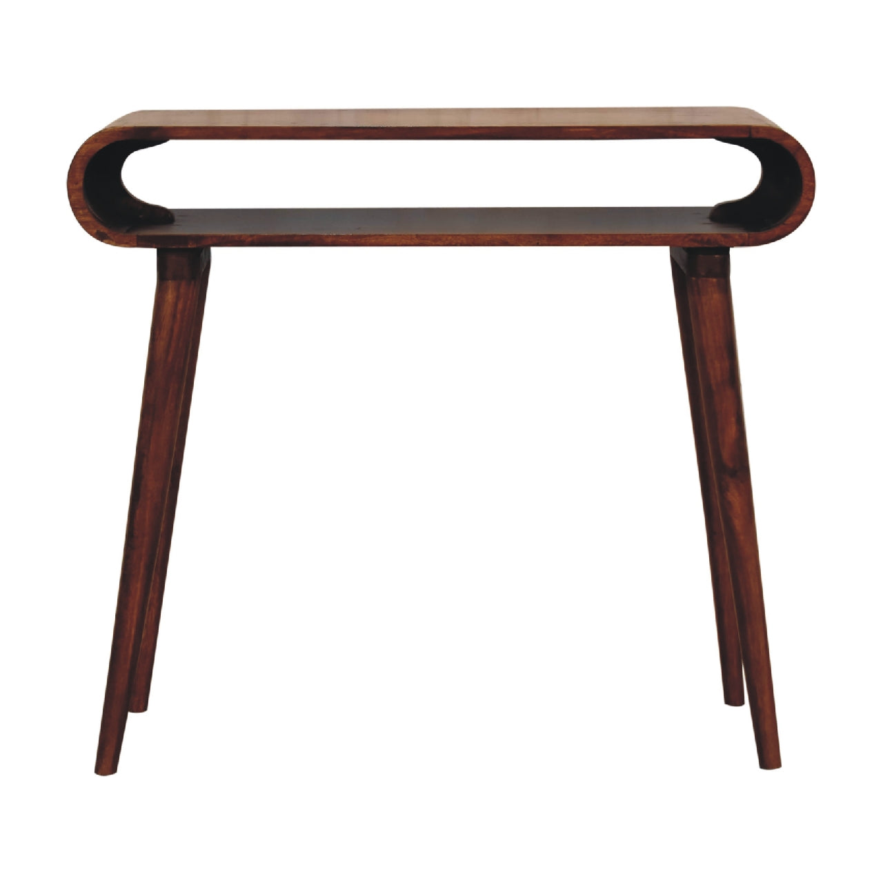 Front view of Nordic Style Console Table in solid mango wood with chestnut finish