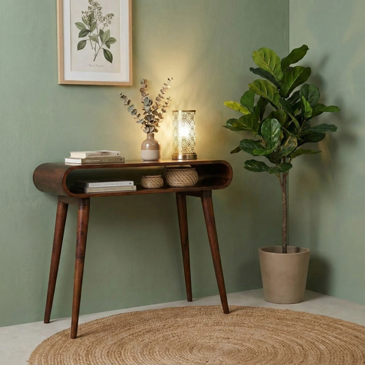 Nordic Style Console Table in chestnut finish styled in a home interior
