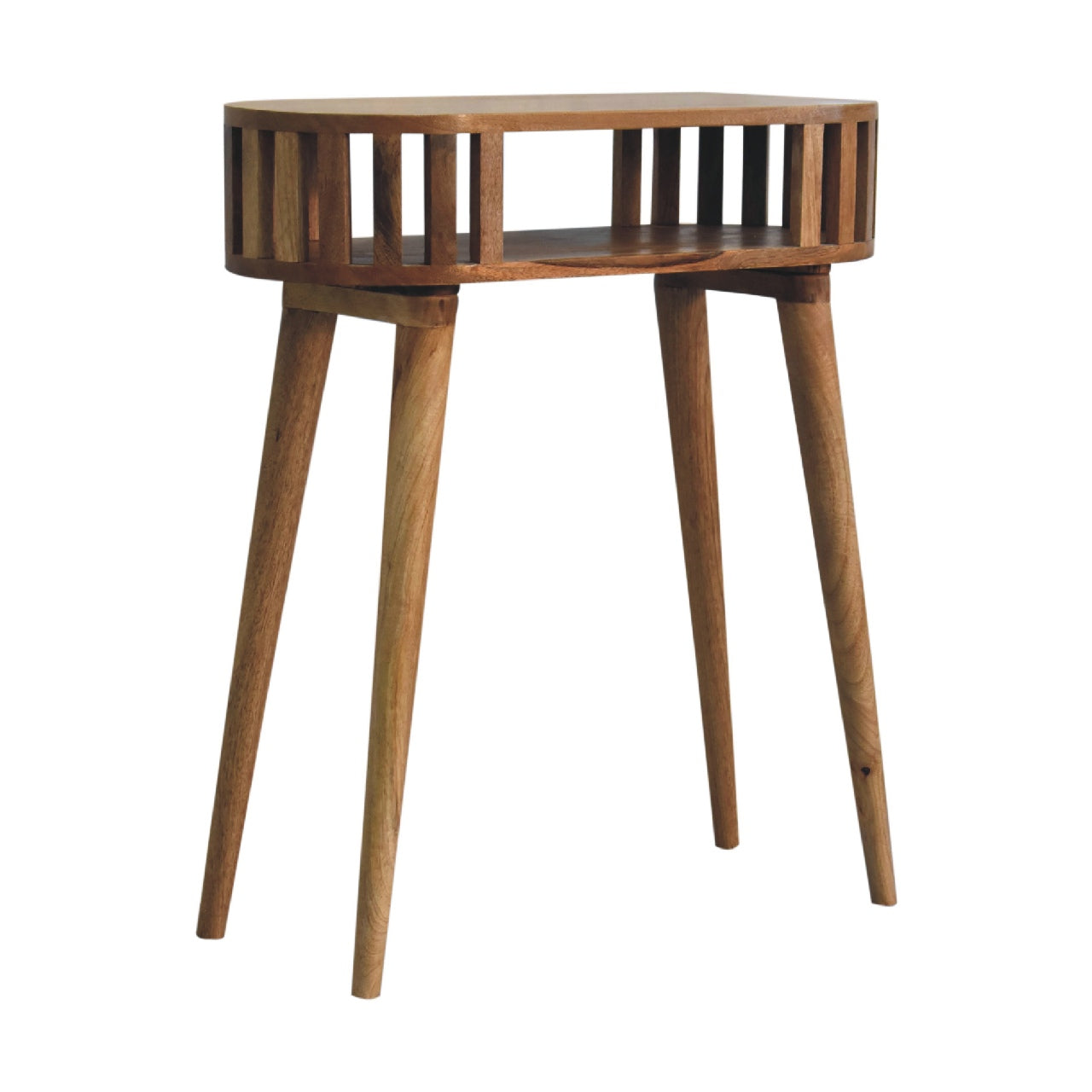 Wooden side table with a white background