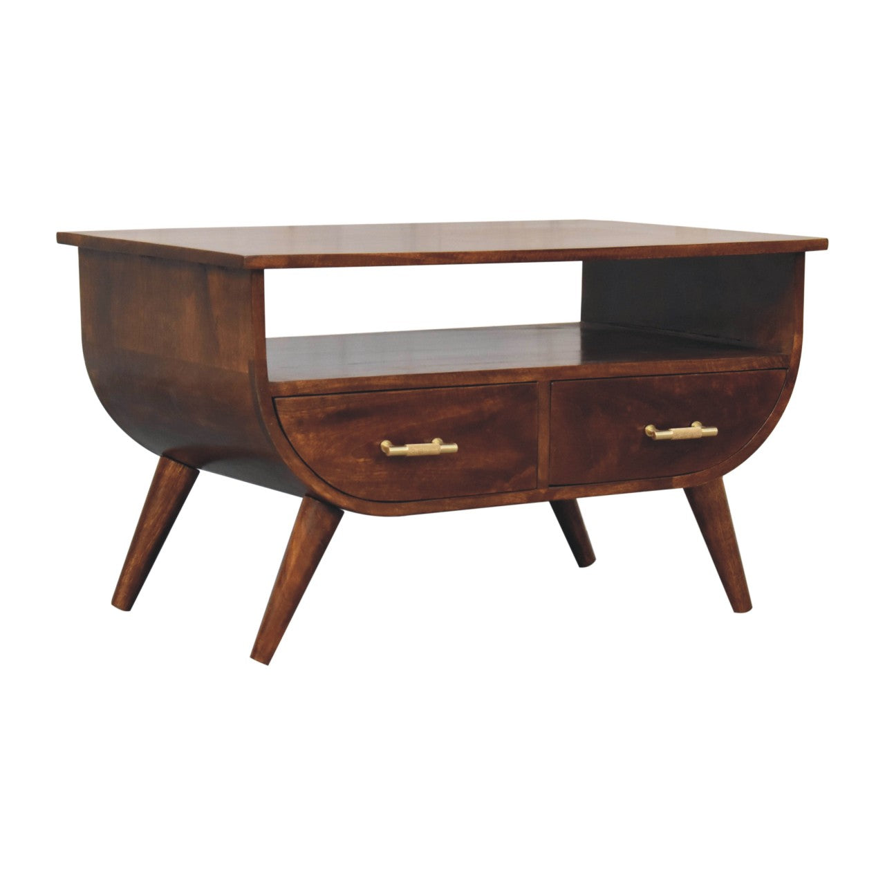 Wooden side table with two drawers on a white background