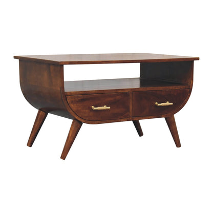Wooden side table with two drawers on a white background