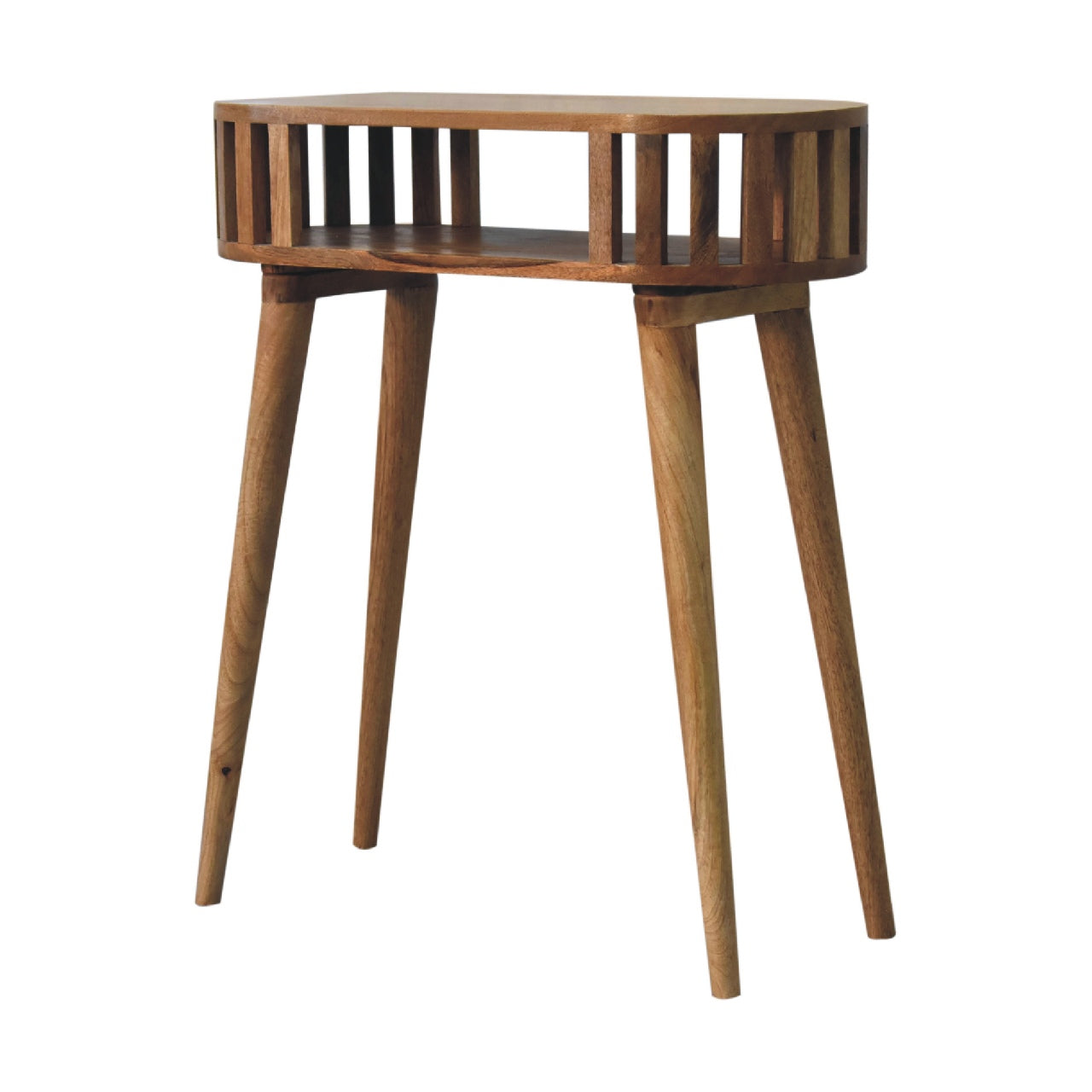 Wooden side table with a round top and four legs on a white background