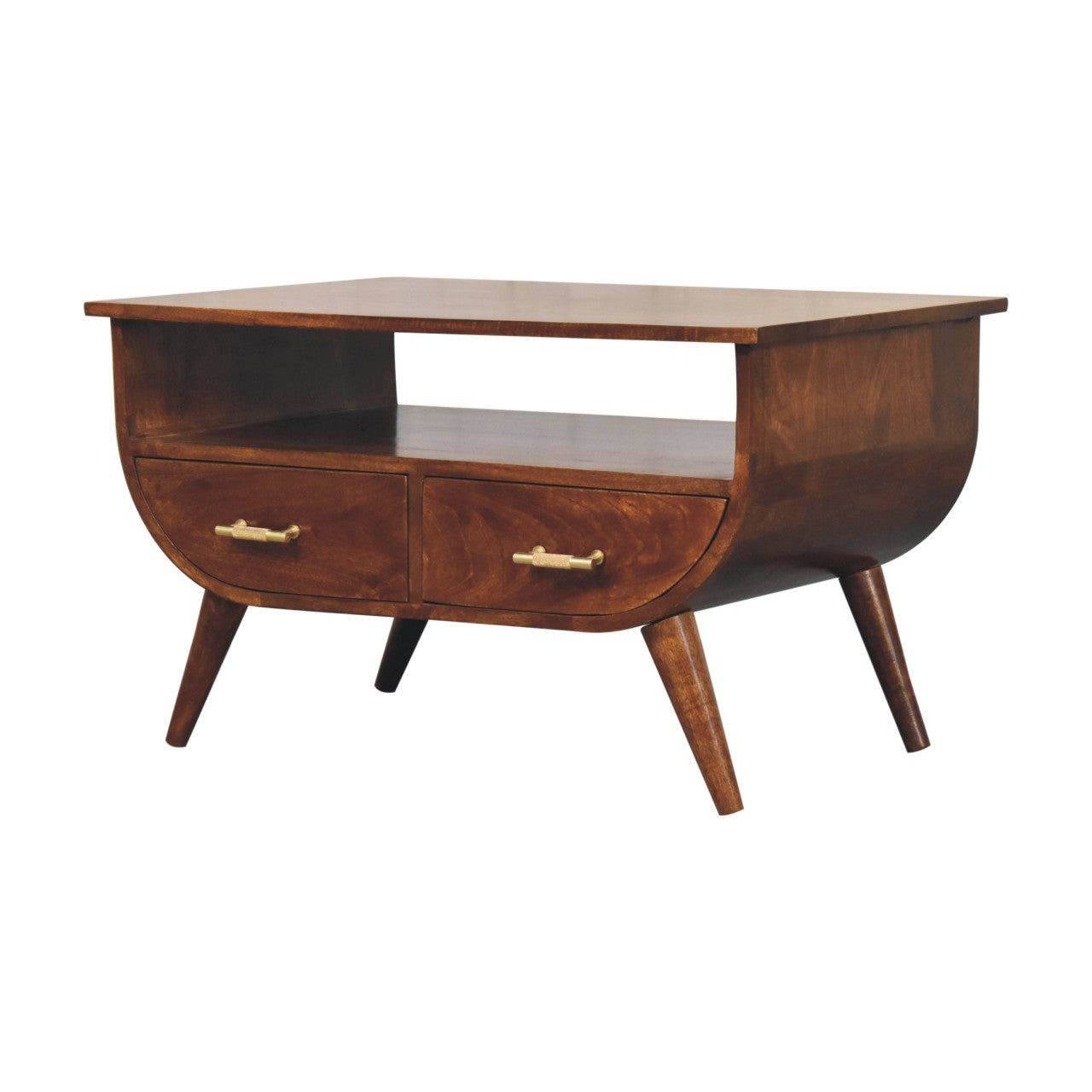 Wooden side table with two drawers on a white background