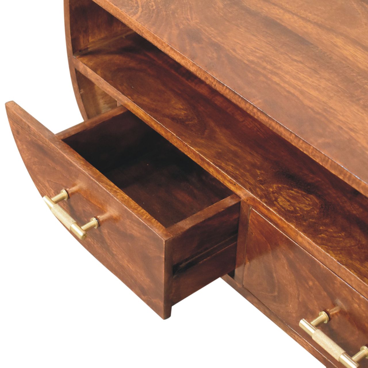 Wooden coffee table with open drawer on a white background