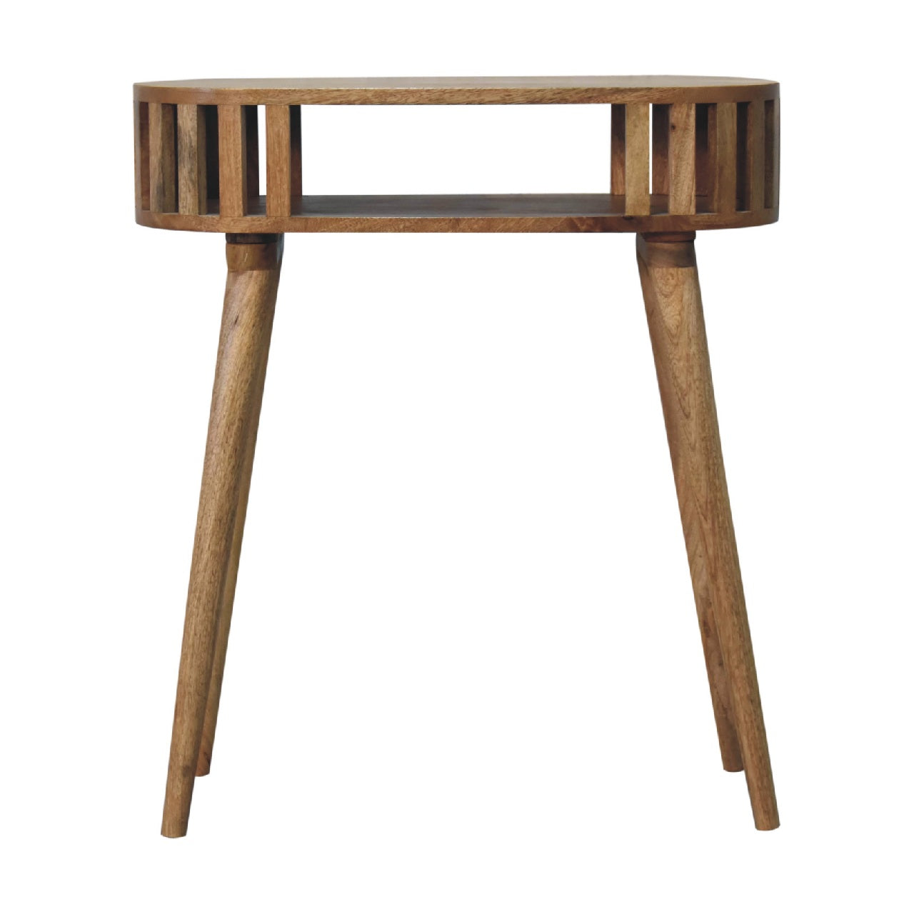 Wooden side table with a white background