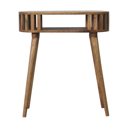 Wooden side table with a white background