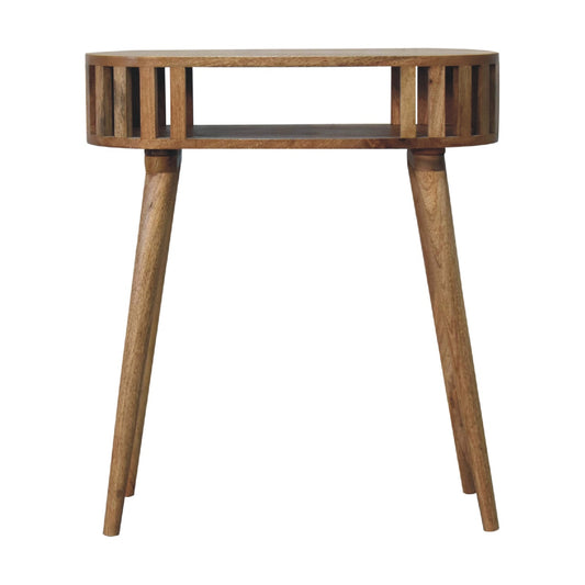 Wooden side table with a white background