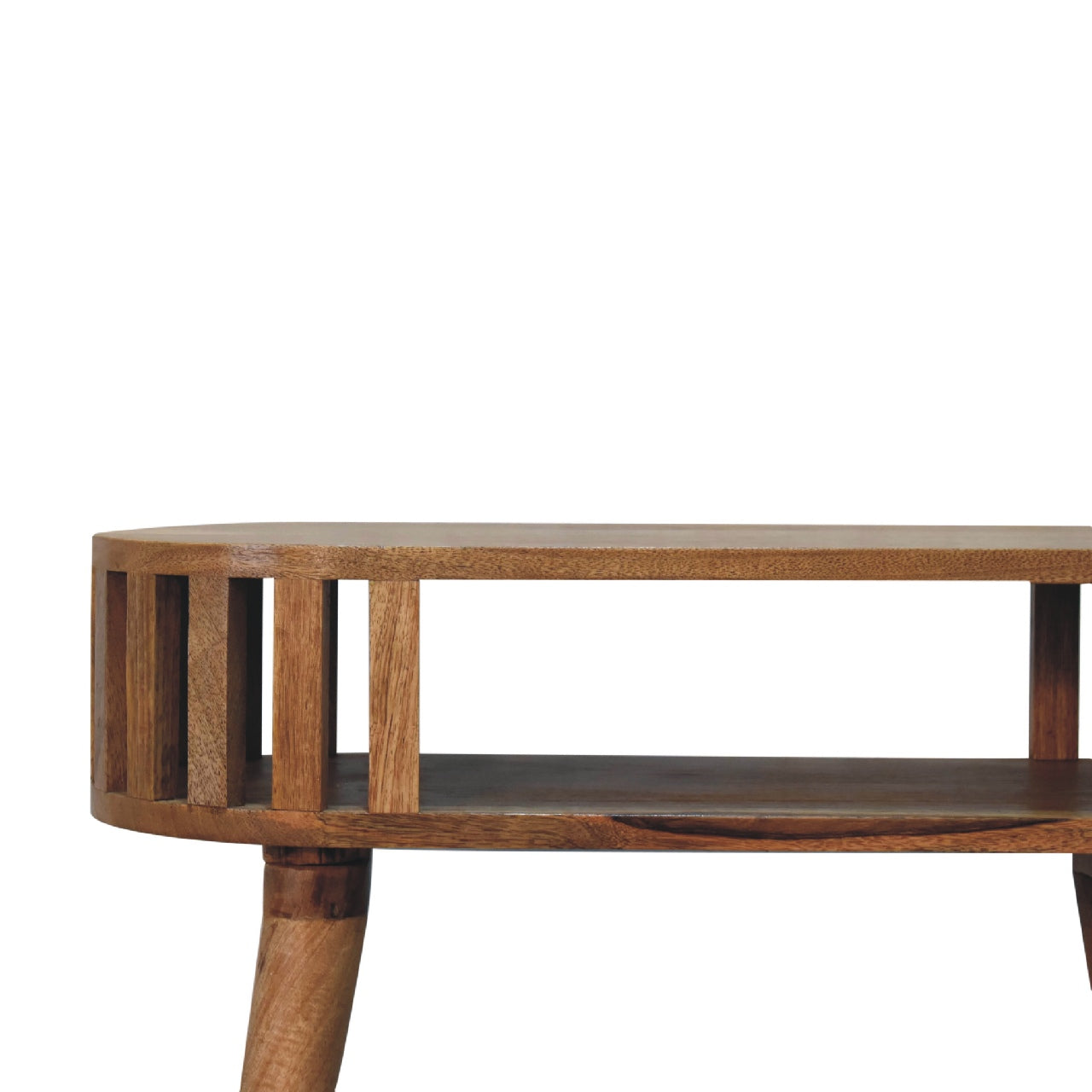 Wooden side table with a shelf on a white background