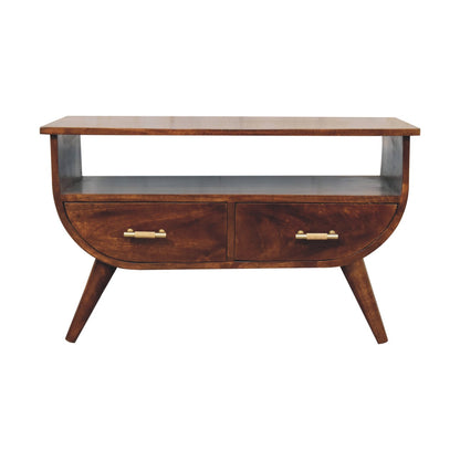 Wooden side table with two drawers on a white background