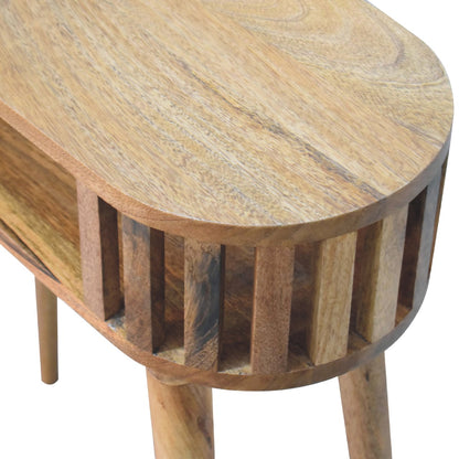 Wooden side table with a textured surface and unique design on a white background
