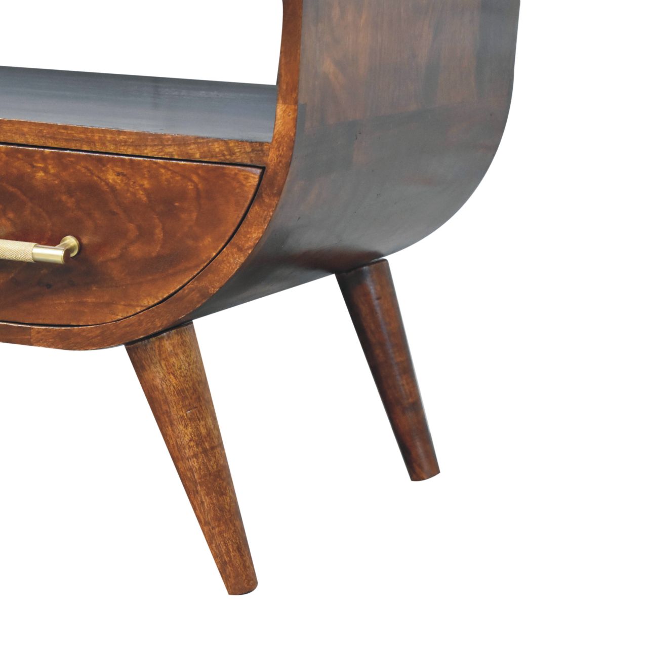 Wooden side table with a drawer and legs on a white background