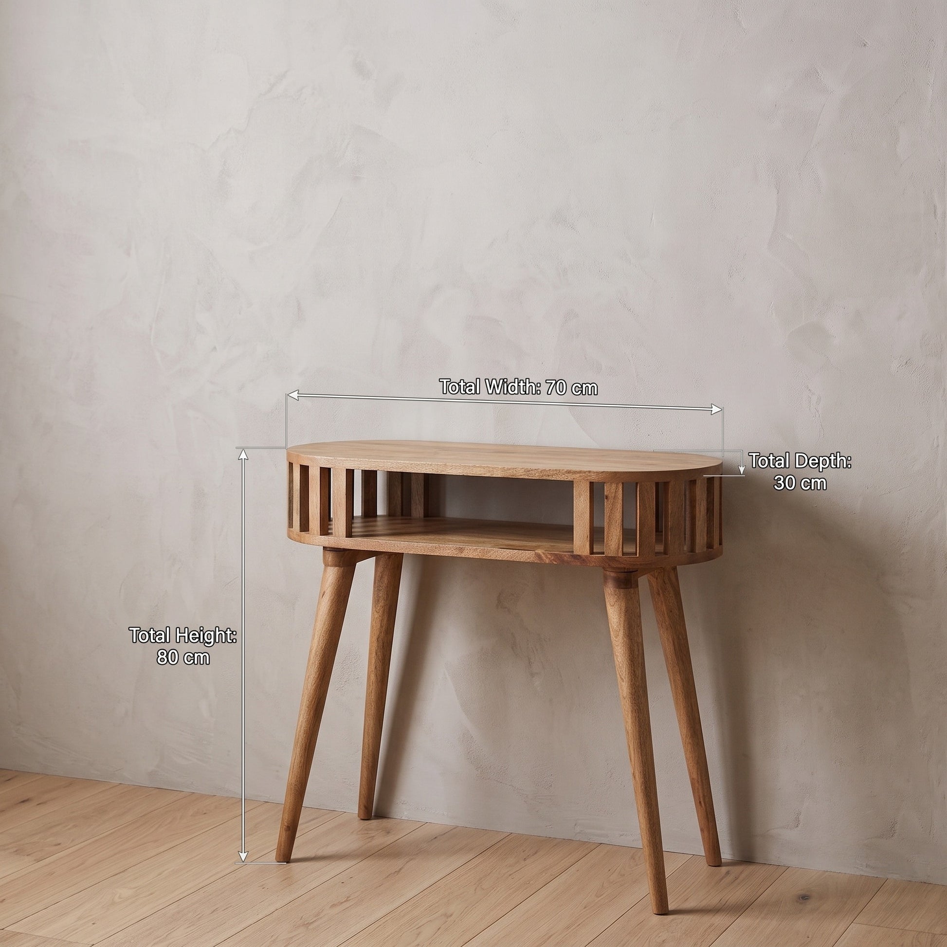 A wooden console table with a slatted side design and tapered legs, shown against a textured light gray wall on a wood floor. White measurement lines and text overlay the table, showing total height: 80 cm, width: 70cm , and depth: 30 cm.