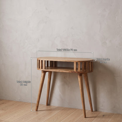 A wooden console table with a slatted side design and tapered legs, shown against a textured light gray wall on a wood floor. White measurement lines and text overlay the table, showing total height: 80 cm, width: 70cm , and depth: 30 cm.